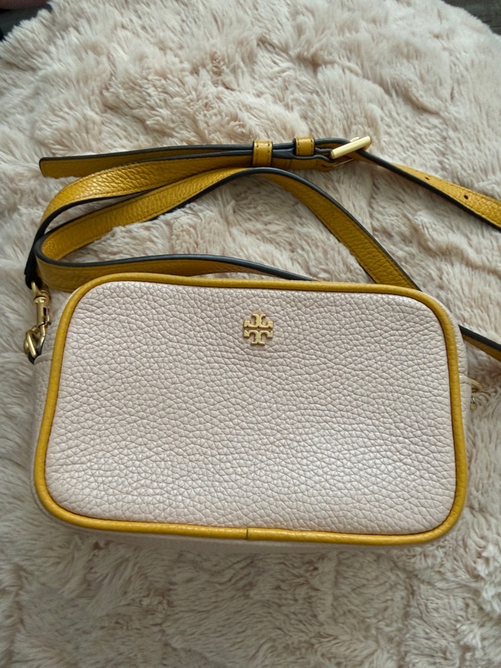 Tory Burch Cream Pebbled Leather Crossbody with Yellow Trim